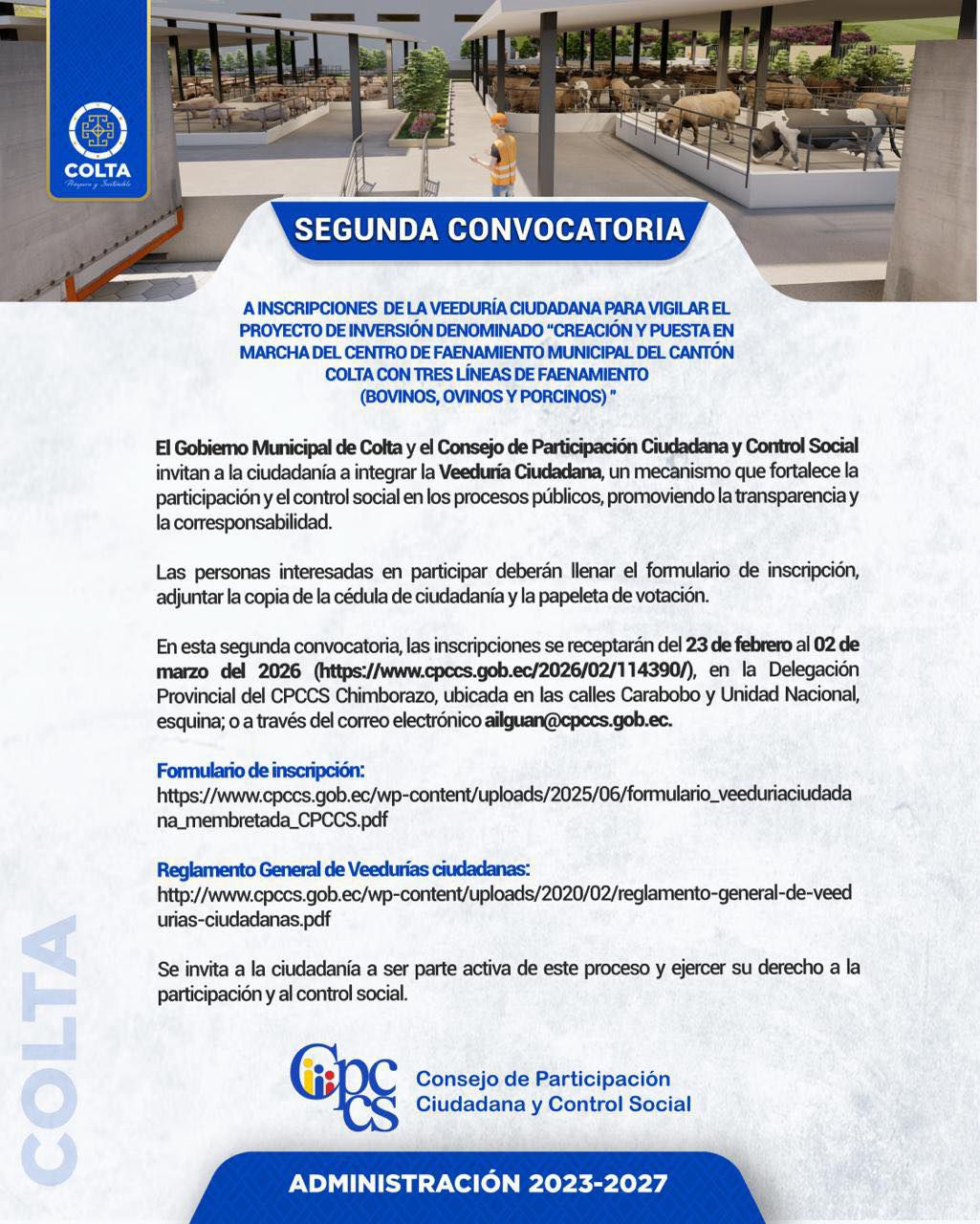 CPCCS convoca a Veeduría Ciudadana para el Proyecto del Centro de Faenamiento Municipal en el cantón Colta