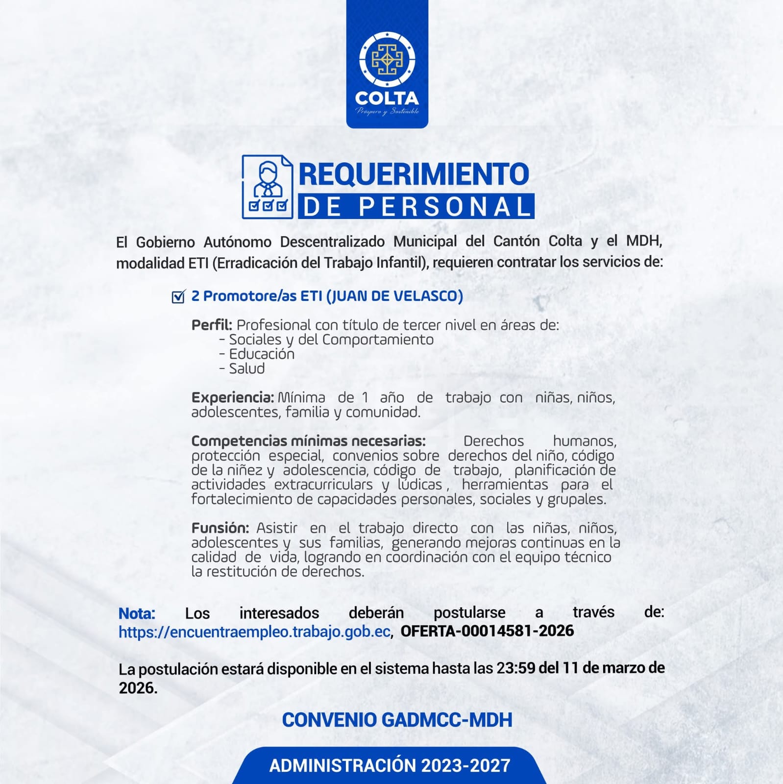 REQUERIMIENTO DE PERSONAL | GADMCC Y MDH BUSCAN PROMOTORES ETI